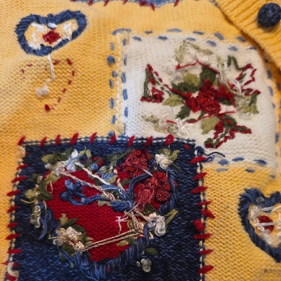 Vtg Heirloom Collectibles Patchwork Cardigan Sweater Rose Embroidery Yellow XL - Picture 10 of 13